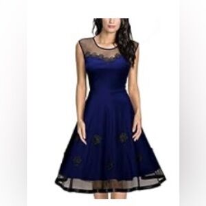 ROCKABILLY Halloween Blue w/Black and Lace Overlay Dress sz M